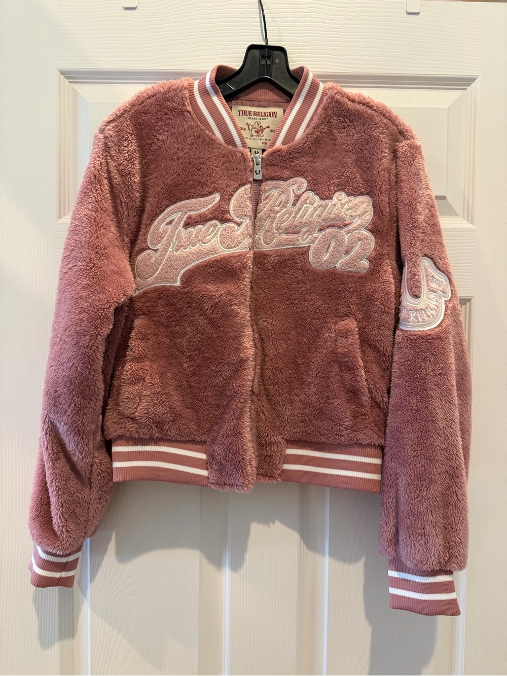 NEW True Religion Bomber Jacket Mauve Sherpa Varsity Logo Zip Up Coat, Small